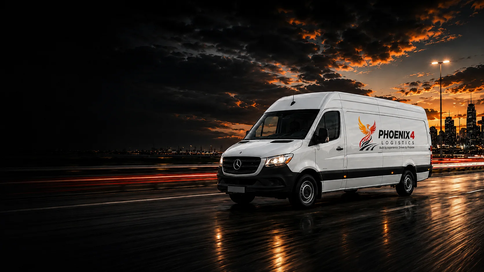 Camioneta y avión de Phoenix4 Logistics en pista de aeropuerto al atardecer