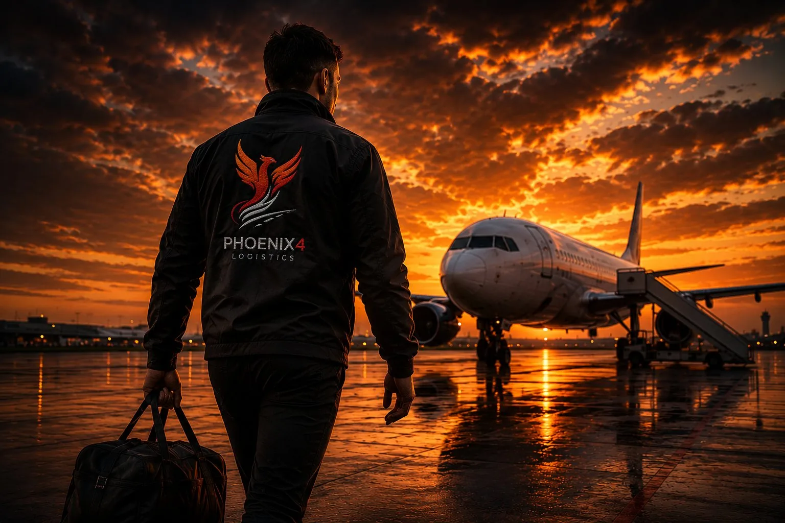 Mensajero OBC de Phoenix4 Logistics caminando hacia el avión al atardecer