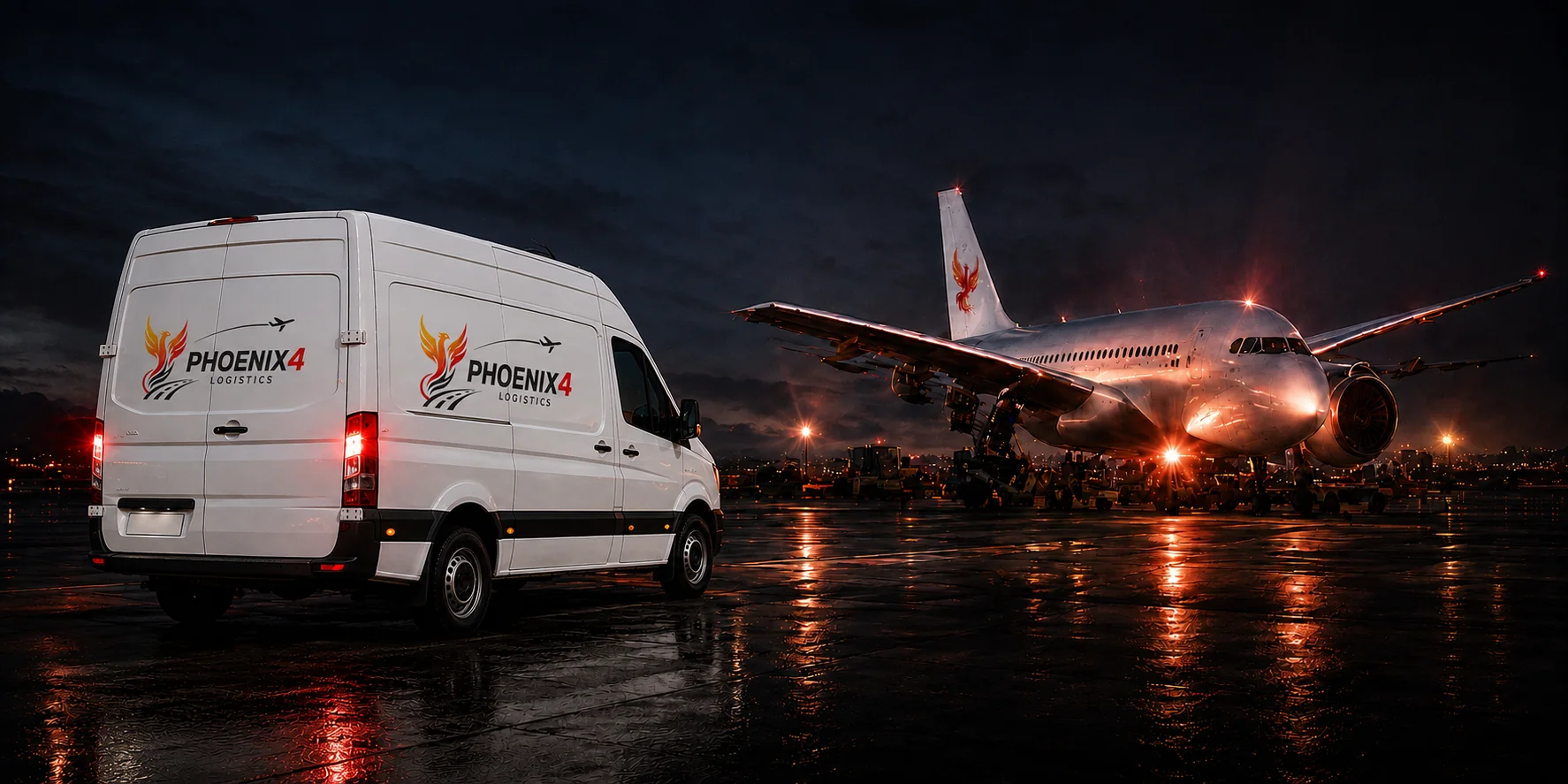 Camioneta y avión de Phoenix4 Logistics en pista de aeropuerto al atardecer