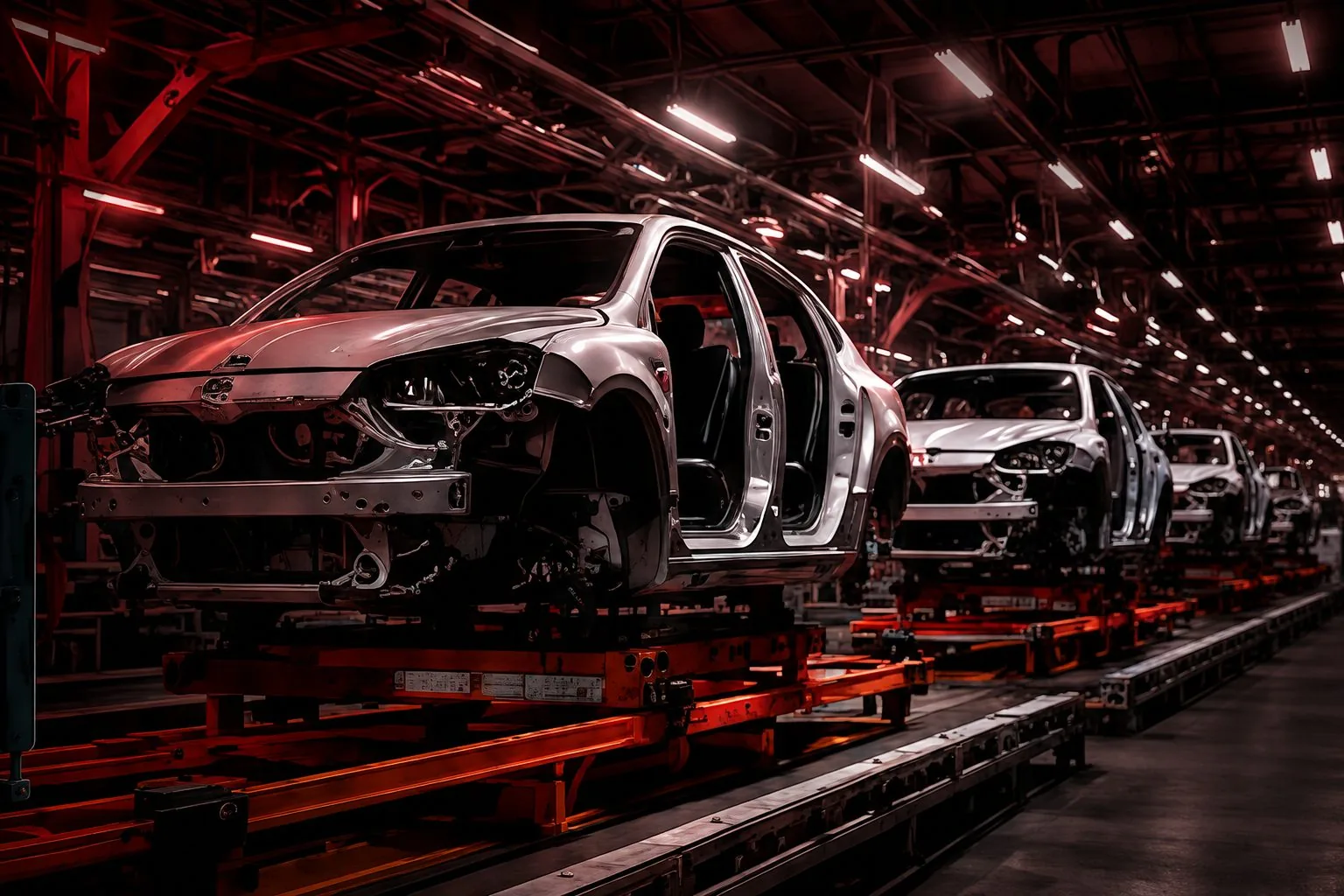 Línea de ensamblaje automotriz con vehículos en producción