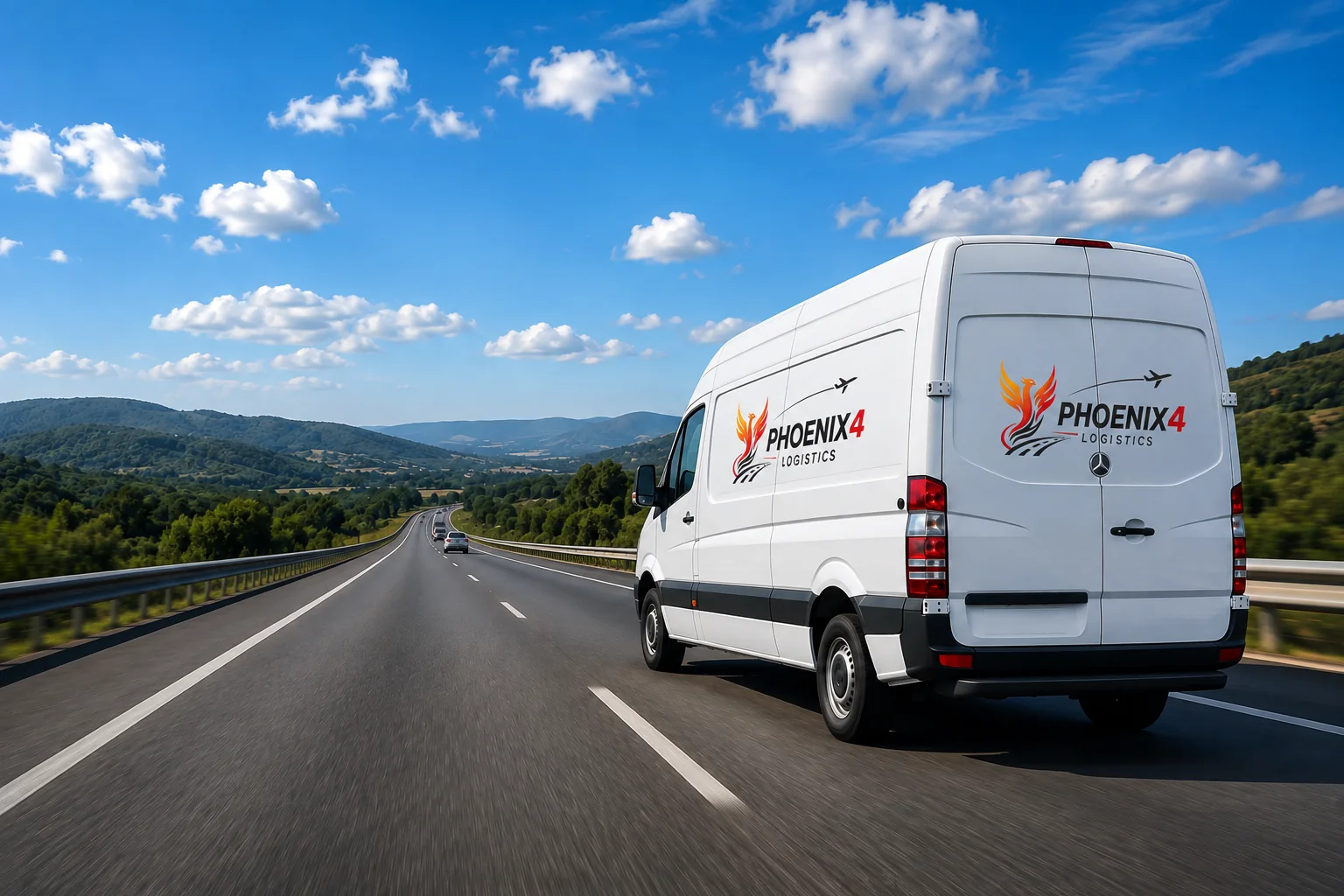 Camioneta Sprinter de Phoenix4 Logistics circulando por carretera abierta