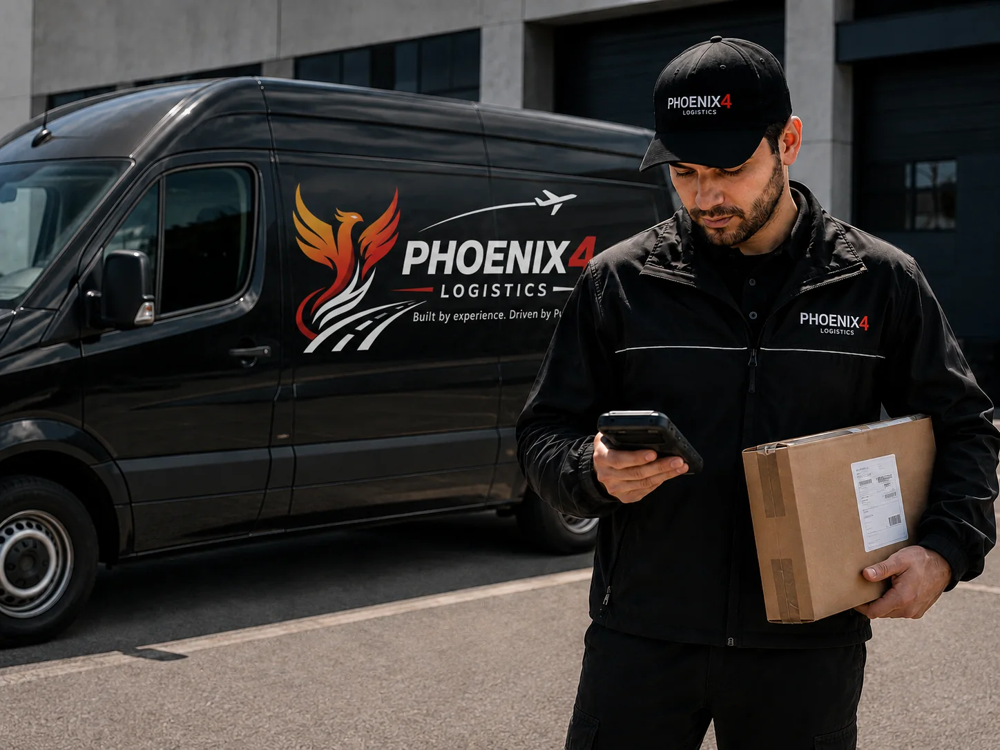 Mensajero de Phoenix4 Logistics revisando dispositivo de rastreo junto a camioneta Sprinter