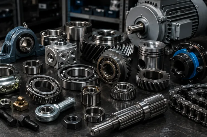 Componentes industriales: engranes, rodamientos y maquinaria