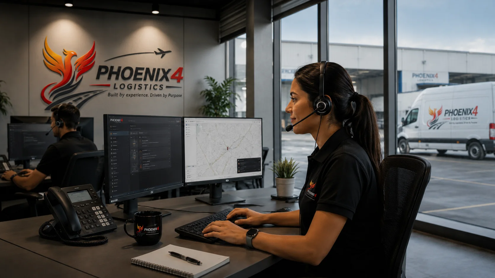 Equipo de Phoenix4 Logistics en centro de operaciones atendiendo llamadas y videollamadas de clientes