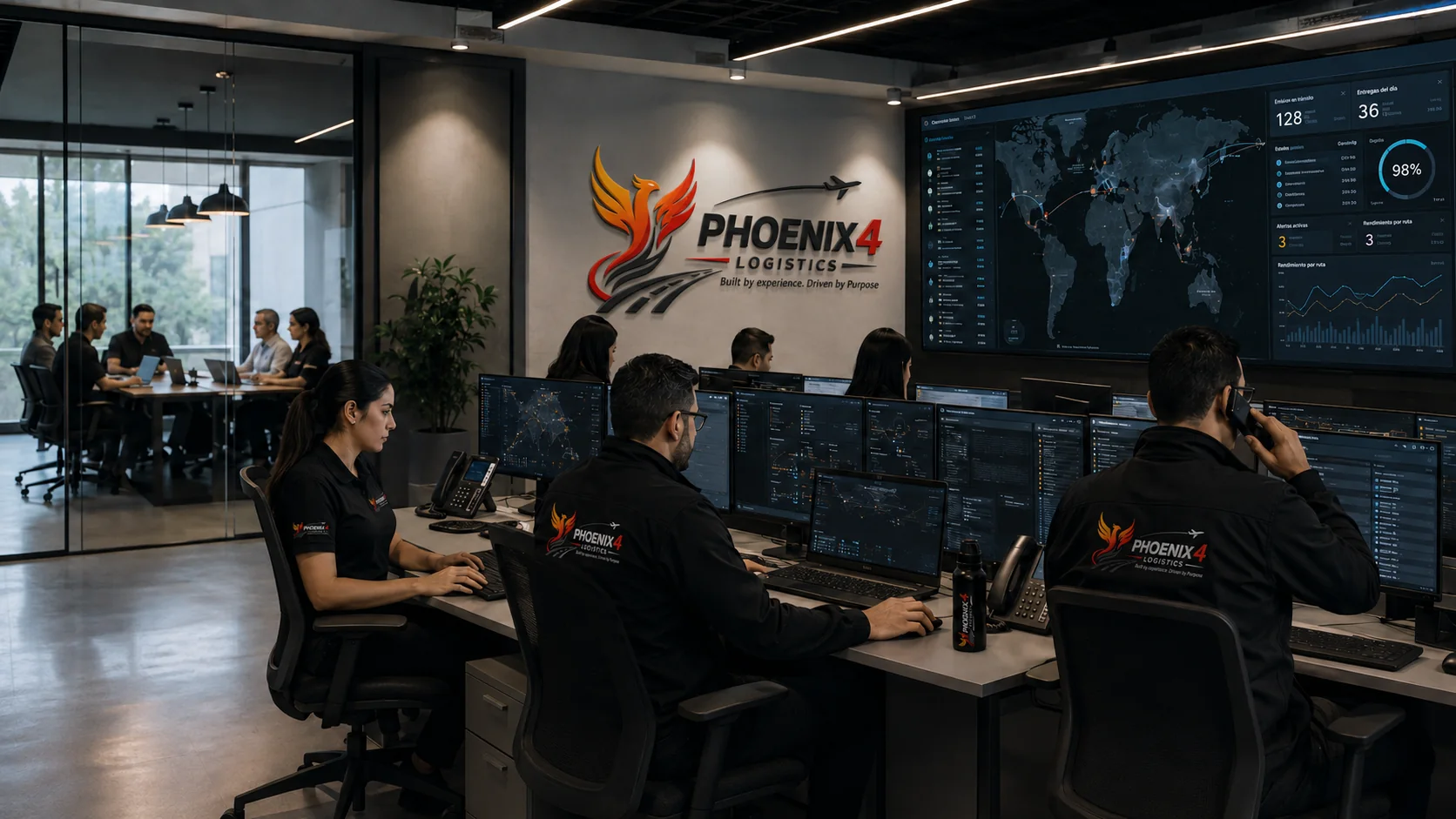 Centro de operaciones de Phoenix4 Logistics con analítica global y equipo monitoreando envíos en tiempo real