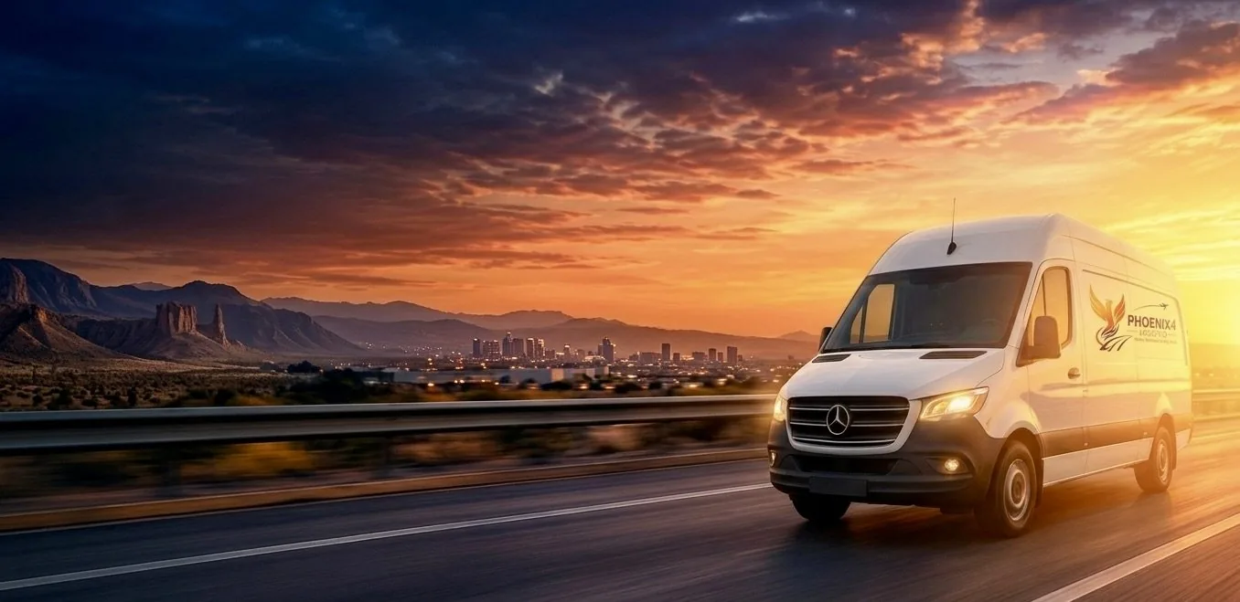 Camioneta Hot Shot de Phoenix4 Logistics circulando por carretera al atardecer