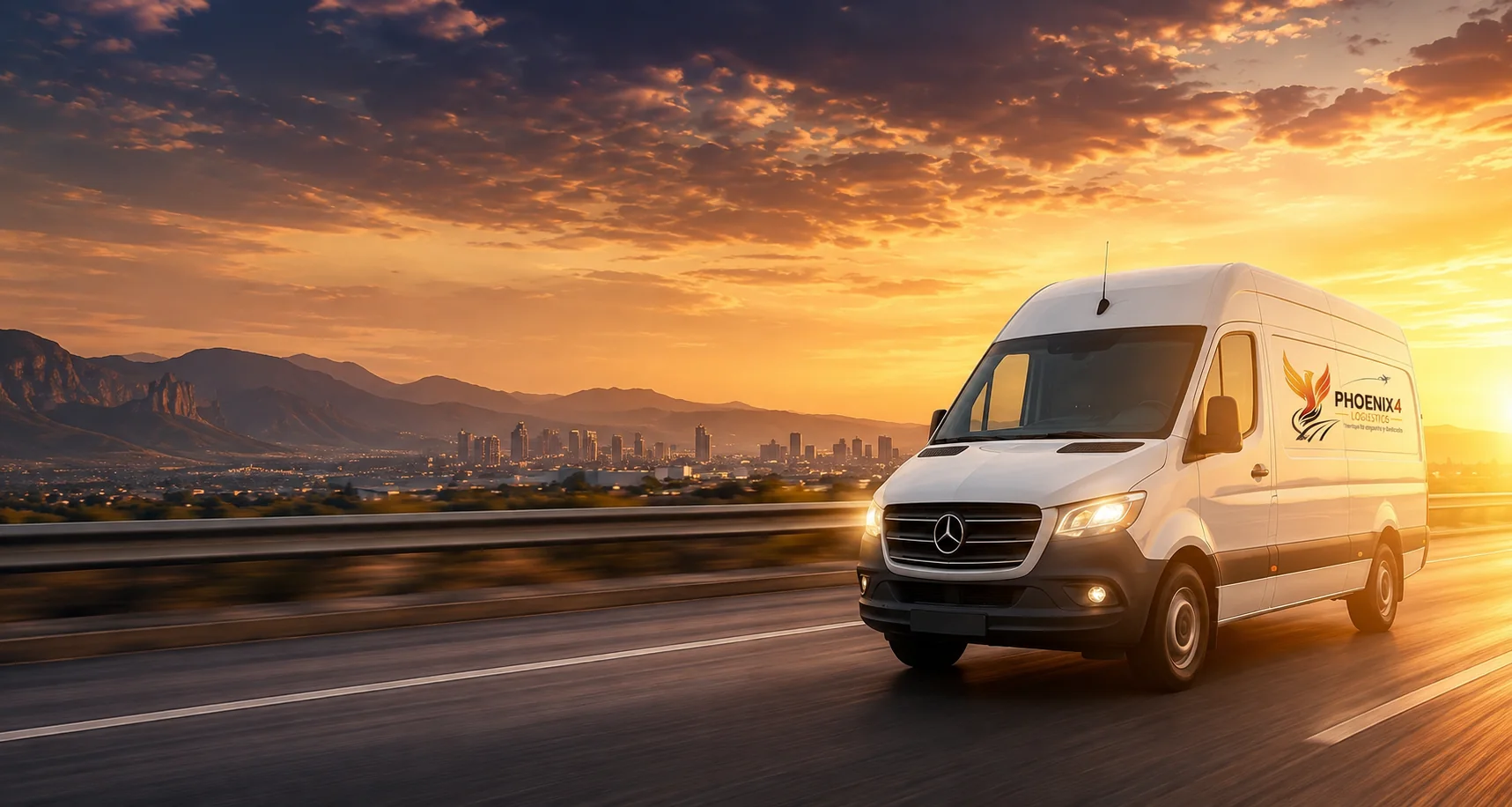 Camioneta Hot Shot de Phoenix4 Logistics circulando por carretera al atardecer