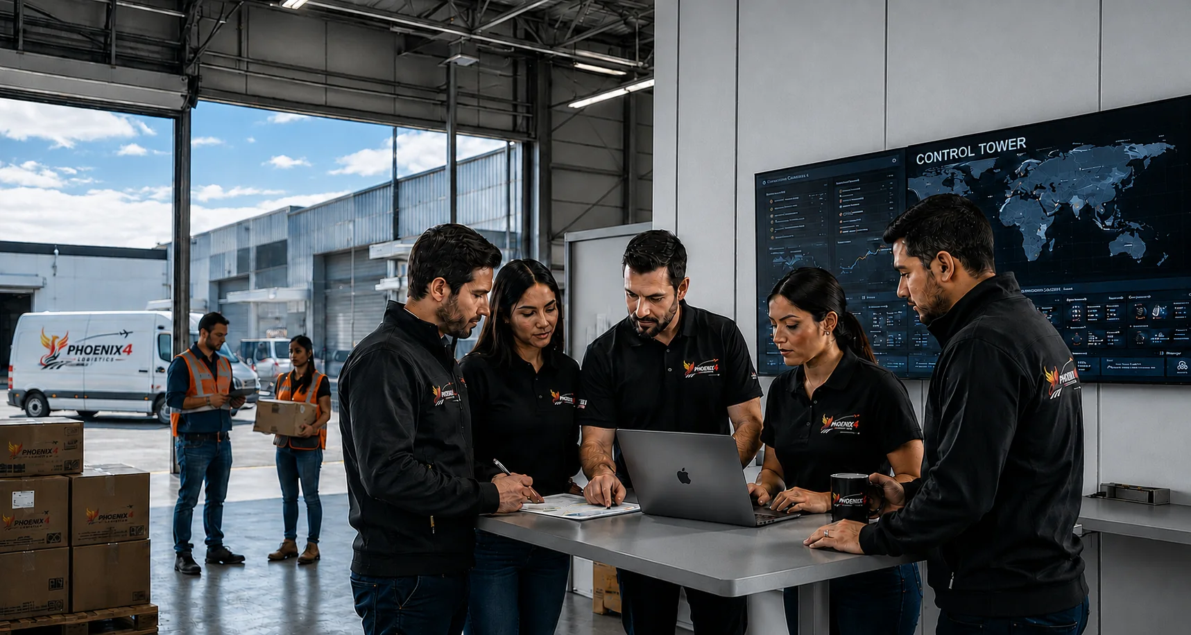 Equipo de Phoenix4 Logistics coordinando operaciones de transporte crítico en almacén con mapas de rutas globales