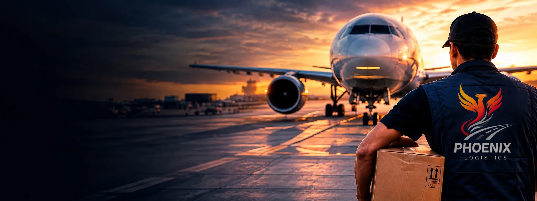 Mensajero OBC de Phoenix4 Logistics con caja de envío crítico frente a un avión comercial al atardecer