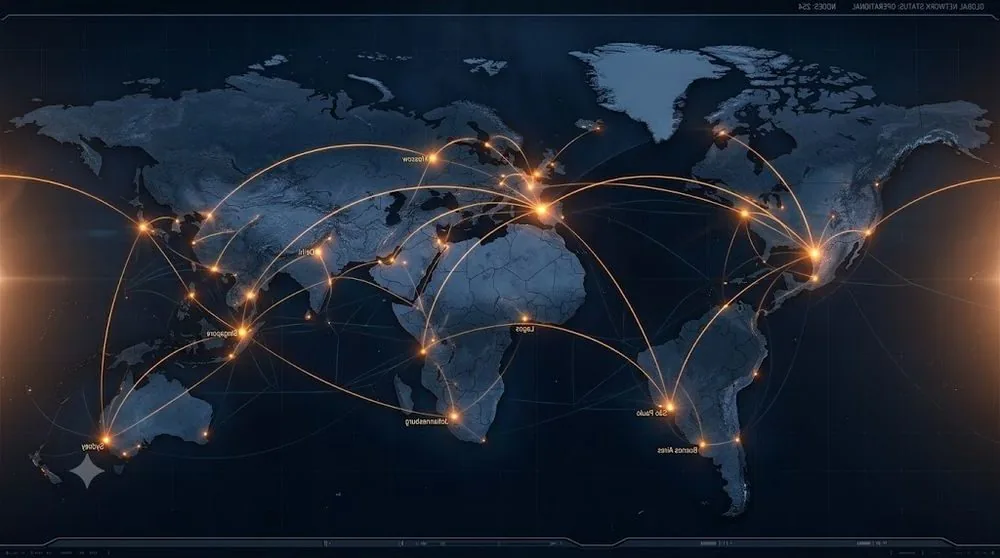 Mapa mundial con rutas de conexión iluminadas entre continentes